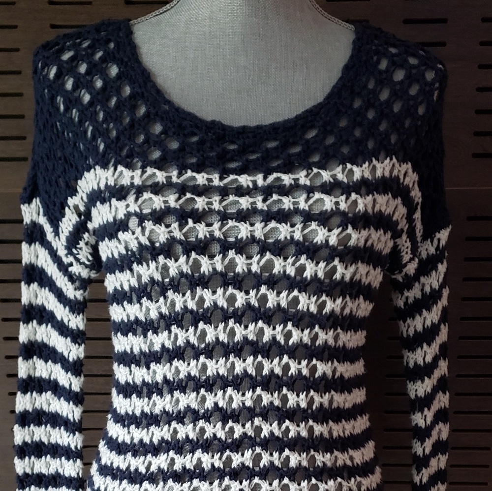 Lucky Brand Open Knit Nautical  Beachy Striped long sleeve Crochet sweater XS